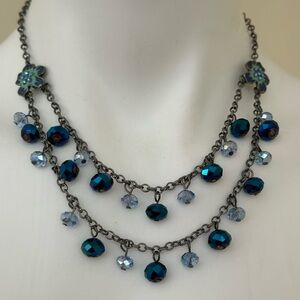 CROFT & BARROW Silver Vintage 2 Layer  Blue Crystal Cut Bead Necklace Claw Clasp